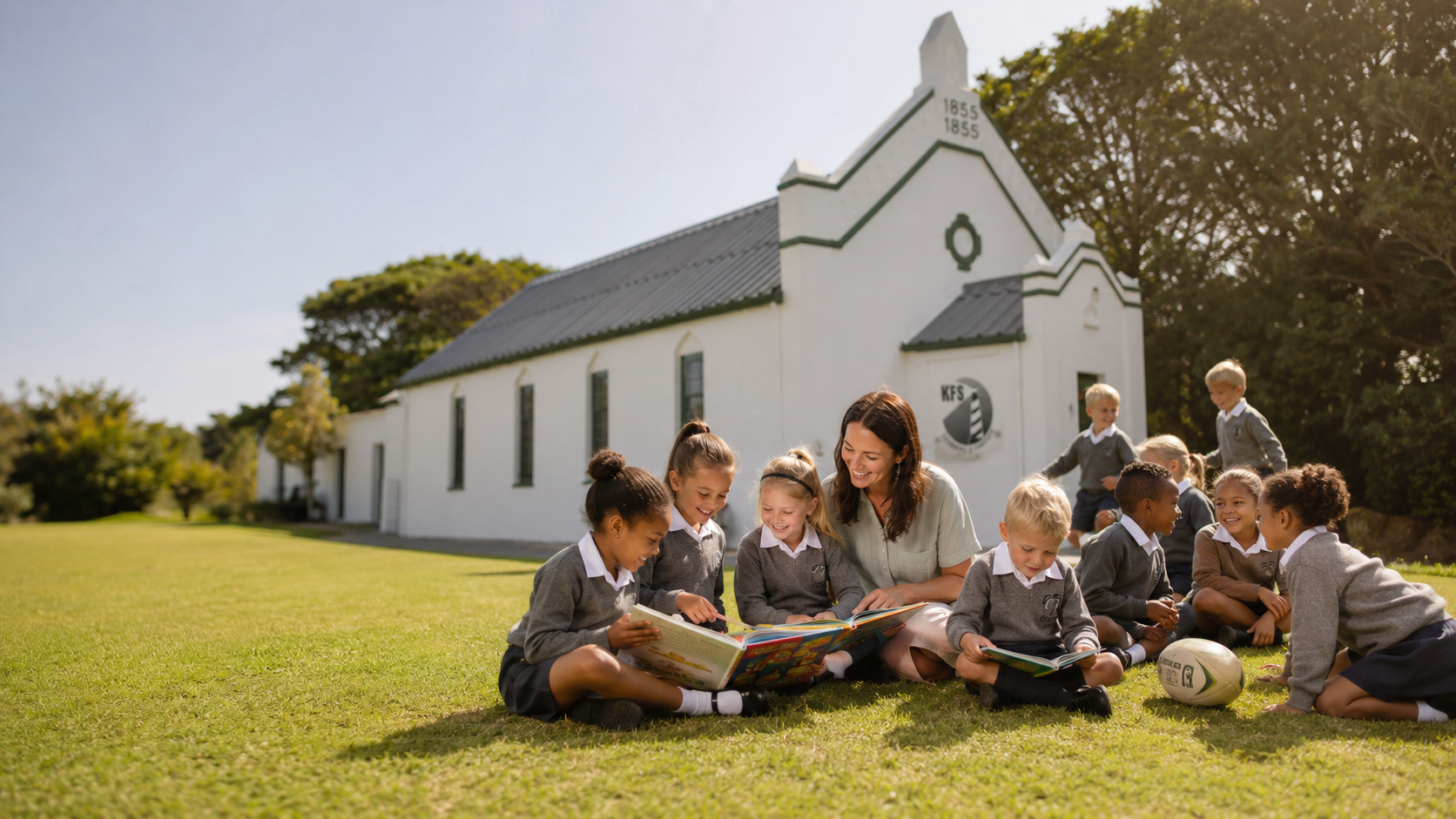 Kowie Foundation School learners reading outdoors with their teacher