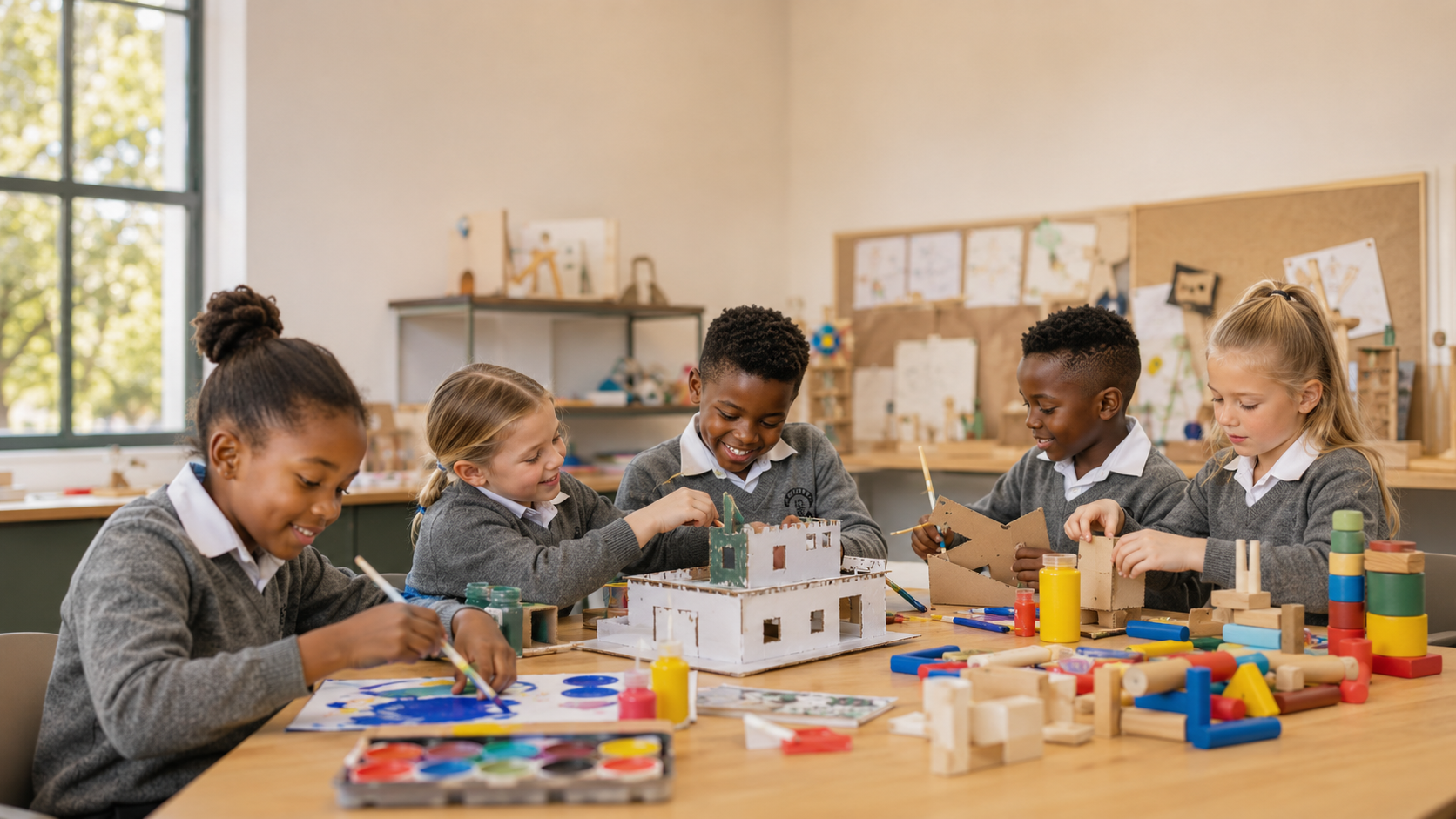 Learners building and painting together in a creative classroom
