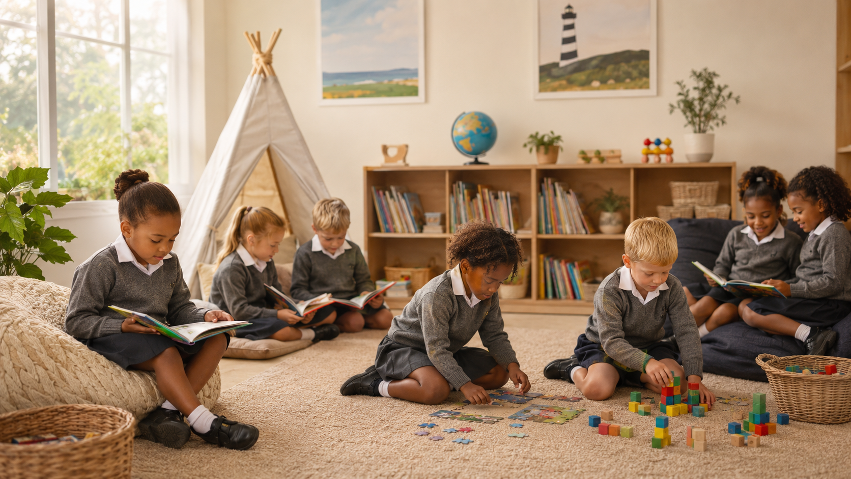 Learners reading and playing in a calm classroom corner