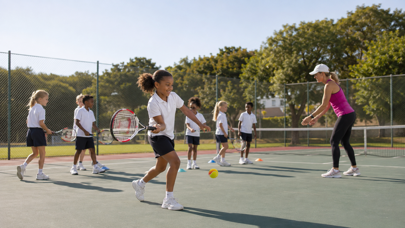 Young learners taking part in a tennis lesson