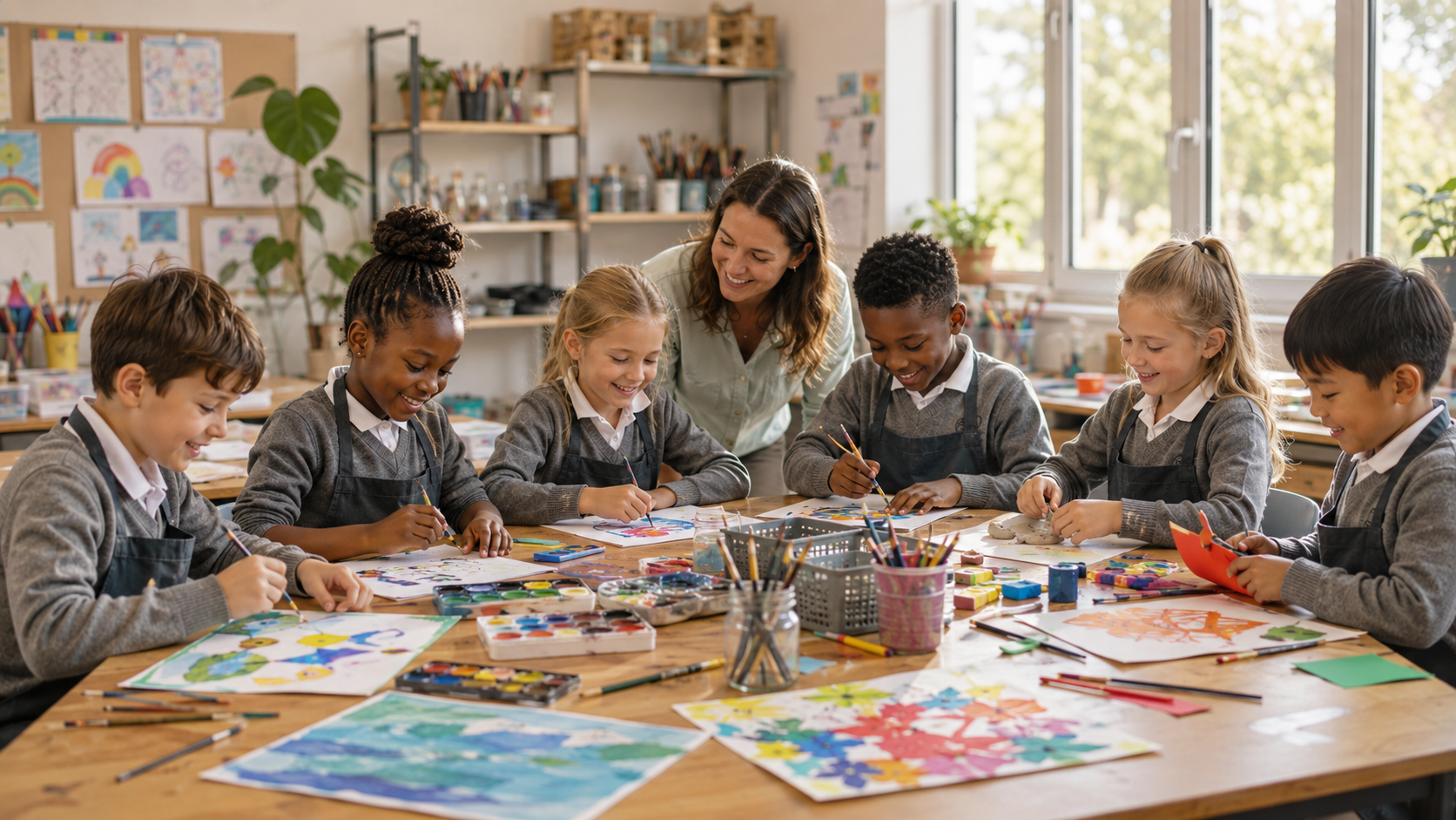 Learners creating together in an art class